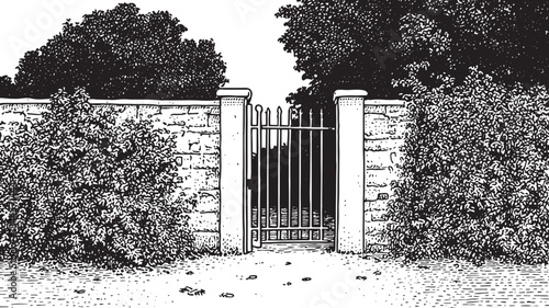Garden gate and wall black and white vector illustration, featuring detailed lines and textures in a vintage style.