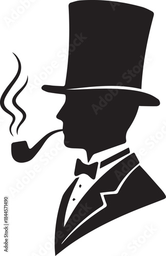 Dapper gentleman smoking a pipe with wisps of smoke, mysterious profile black and white vector illustration