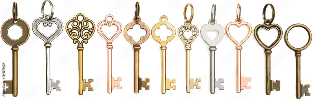 Fototapeta premium Elegant Vintage Key Collection with Heart Clover and Ornamental Shapes in Metallic Style Decorative Vector Illustration
