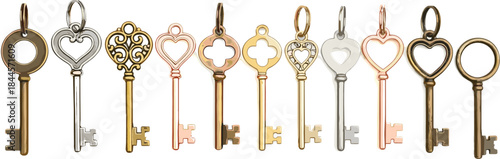 Elegant Vintage Key Collection with Heart Clover and Ornamental Shapes in Metallic Style Decorative Vector Illustration