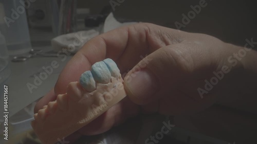closeup hands applying shade layers to dental model with fine brush, careful layering builds natural translucency and color