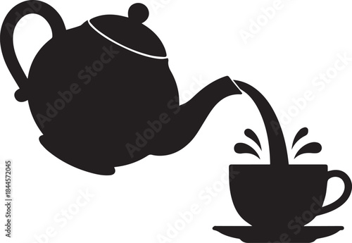 Teapot pouring tea into a cup, simple black and white vector illustration