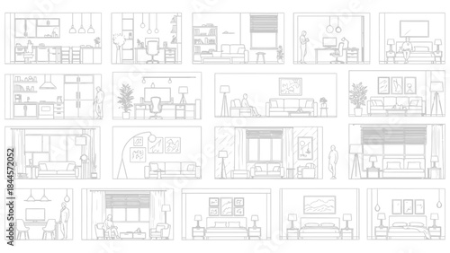 Set of black and white line art vector illustrations showing various house interior rooms in elevation and plan view for architectural design
