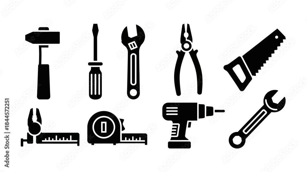 Fototapeta premium Collection of black and white icons representing various common hand and power tools