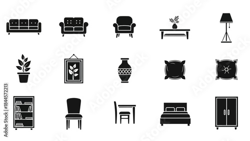 Collection of black and white icons representing furniture and home decor elements
