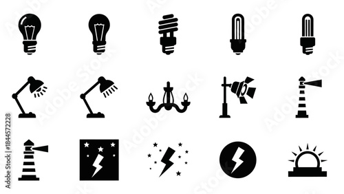Collection of black and white icons representing different light sources and related imagery