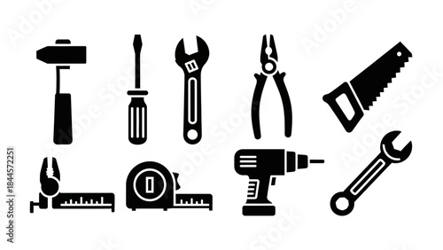 Collection of black and white icons representing various common hand and power tools