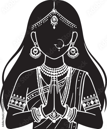 Woman in traditional Indian attire making the Namaste gesture, detailed black and white vector illustration