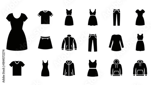Collection of Black Fashion Clothing Icons on a White Background Versatile Apparel Graphics