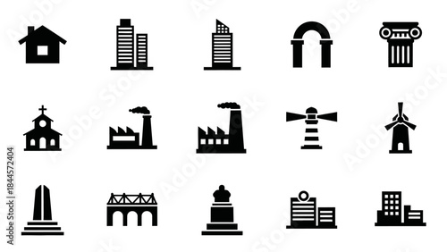Collection of diverse architectural building icons representing urban and rural structures