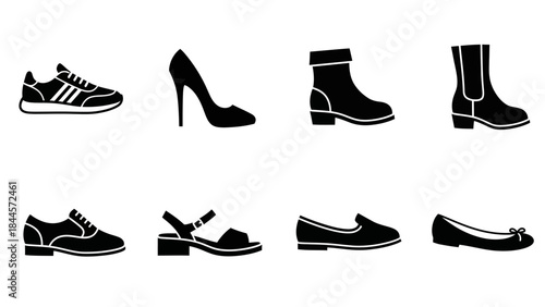 Collection of diverse shoe style icons in black and white silhouette for fashion and retail use