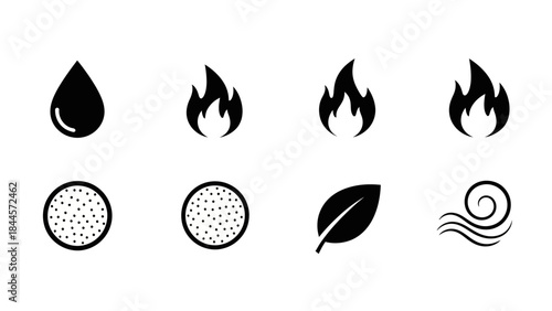 Collection of elemental icons representing fire water earth and air concepts