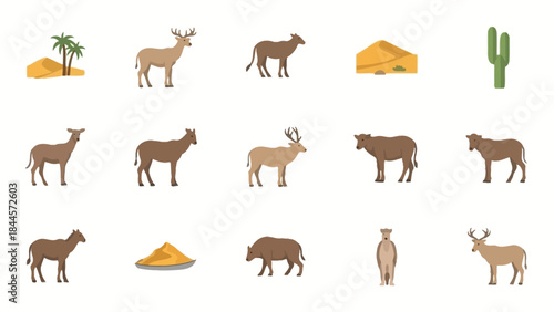 Collection of flat icons representing desert animals and vegetation in a simple illustration style