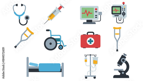 Collection of Flat Medical Icons Representing Healthcare and Treatment Tools