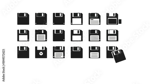 collection of floppy disk icons in various styles and orientations for digital data storage concepts
