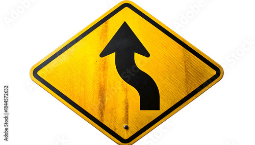 Yellow road sign, black curved arrow, warning of a sharp turn ahead. Black background