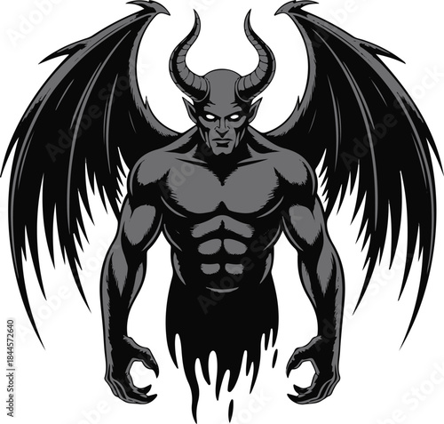 Demon or Devil creature with horns and wings, detailed black and white vector illustration