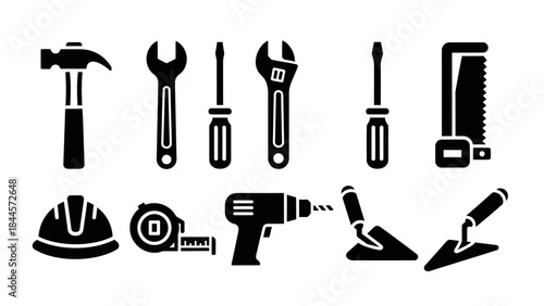 Collection of iconic construction and repair tools displayed in a clean, minimalist vector graphic