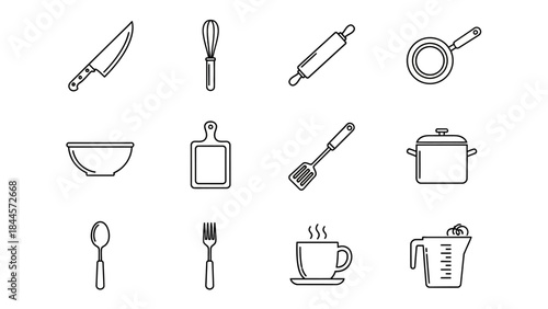 Collection of kitchen utensils icons and cooking tools for culinary use