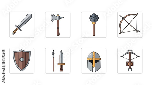 Collection of medieval weapons and armor icons simple flat design graphic resources