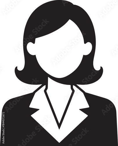 A faceless businesswoman with a bob haircut and collared jacket, professional and anonymous, black and white vector illustration

