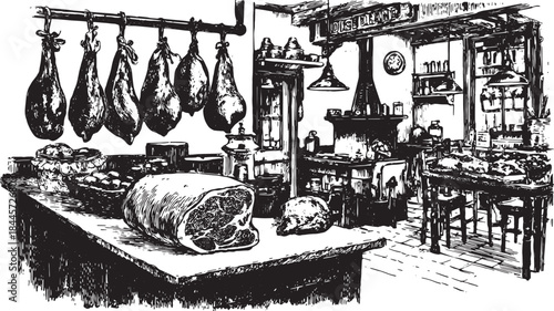 Vintage butcher shop interior illustration featuring hanging meat and a counter. Detailed black and white vector illustration with traditional kitchen elements.