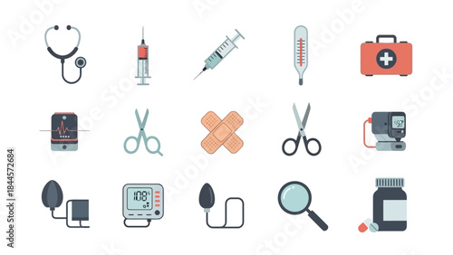 Collection of medical instruments and healthcare symbols flat vector icons