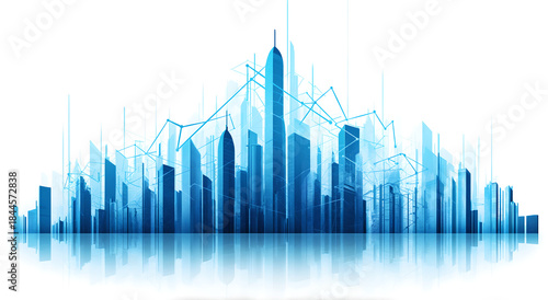 The blue chart on a white background and urban landscape are business chart concepts used in corporate presentations to showcase financial or economic data.