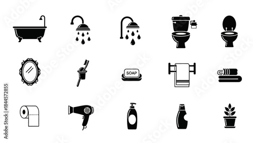 Collection of various bathroom icons and symbols for hygiene and cleaning purposes