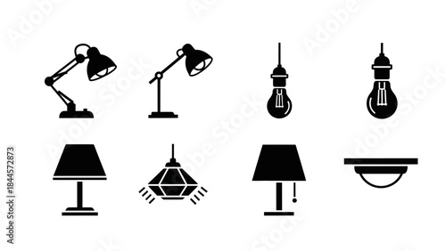 Collection of various black and white lamp and light bulb icons for design