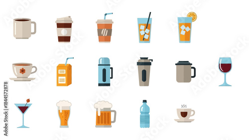 Collection of various beverage and drink icons in flat design style