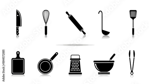Collection of various black kitchen utensils and cooking tools depicted on a white background