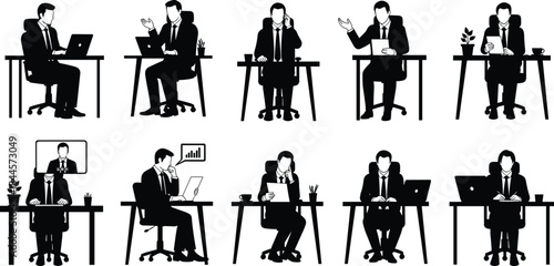 Business people working at desks silhouette set, office workflow scenes, professional corporate activities, teamwork, productivity, management concept, isolated illustration