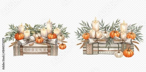 Watercolor Autumn Decoration with Pumpkins, Candles, and Greenery for Fall Season.