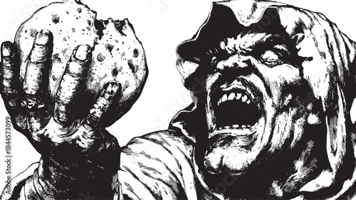 Character with a furious expression holding a cookie. Detailed black and white vector illustration portraying strong emotion and drama.