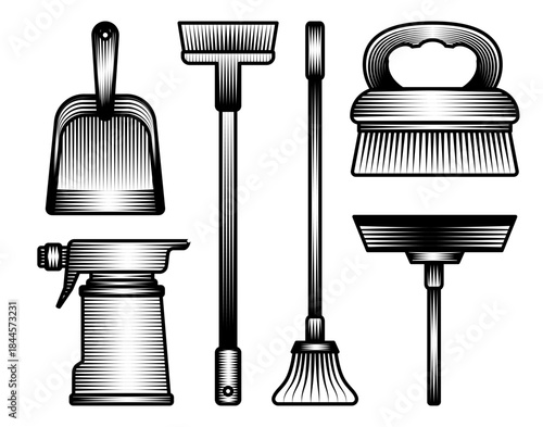 set of cleaning supplies illustration featuring broom dustpan spray bottle and scrub brush in retro black white vector art isolated tools housekeeping and janitorial