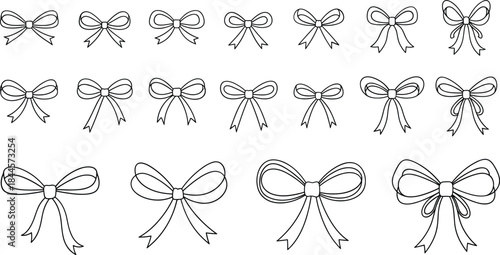 Hand Drawn Bow Ribbon Collection with Multiple Styles in Black and White Line Art Vector Illustration