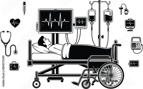 Hospital patient monitoring silhouette illustration, intensive care medical equipment, healthcare treatment concept, emergency recovery, clinical technology, isolated vector design