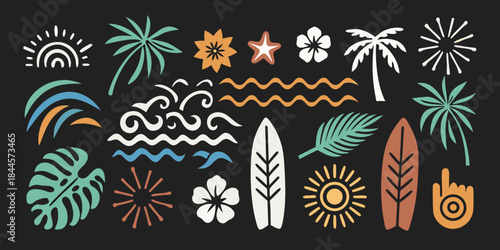 A vibrant collection of tropical elements suns palms flowers and surfboards