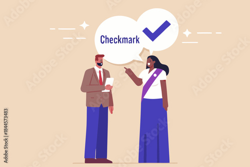 Business professionals discussing a successful task indicated by a checkmark symbol