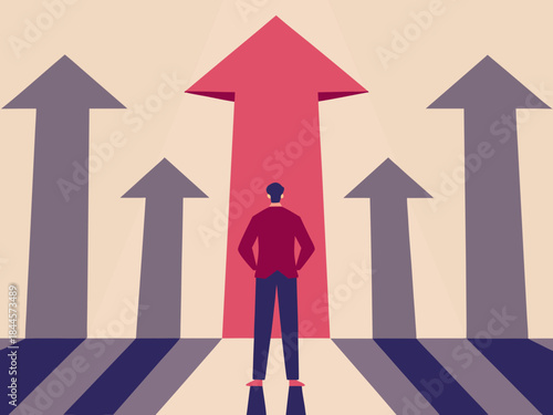 Fotografija A person stands before a prominent red arrow amongst several grey ones