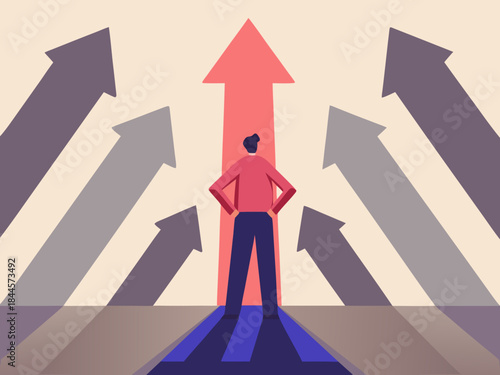 A person stands facing an upward pointing arrow amidst several downward arrows