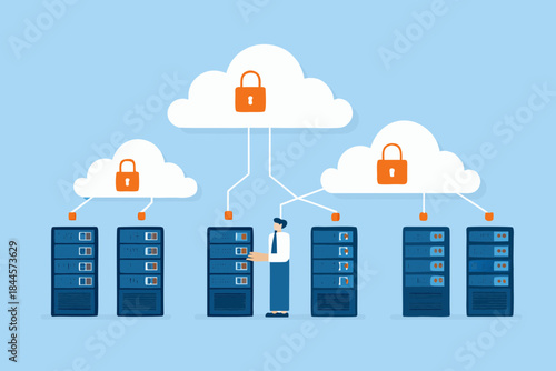 Secure cloud computing a man interacting with servers and locked cloud data