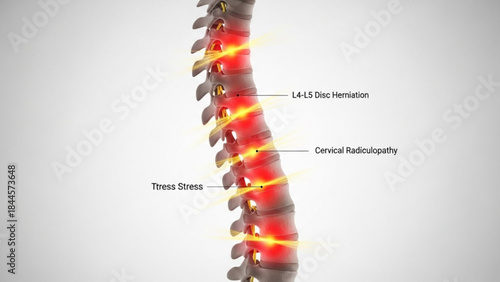 Anatomical illustration of a spine with highlighted areas of l4l5 disc herniation and cervical radiculopathy showing muscle stress