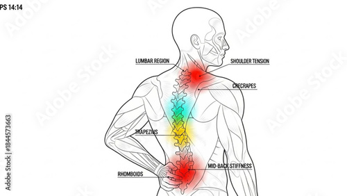 Human anatomy with highlighted areas of pain on back and lower regions