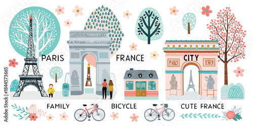 Illustrative parisian landmarks with floral accents bicycles and a family scene