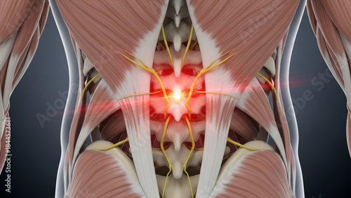 Anatomical illustration of a human lower back with highlighted pain area