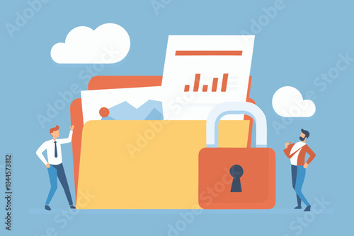 Data security concept with files padlock and people illustration