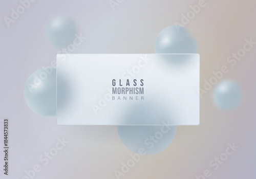 Transparent glass horizontal banner with soft blue spheres on a light pastel gradient background.