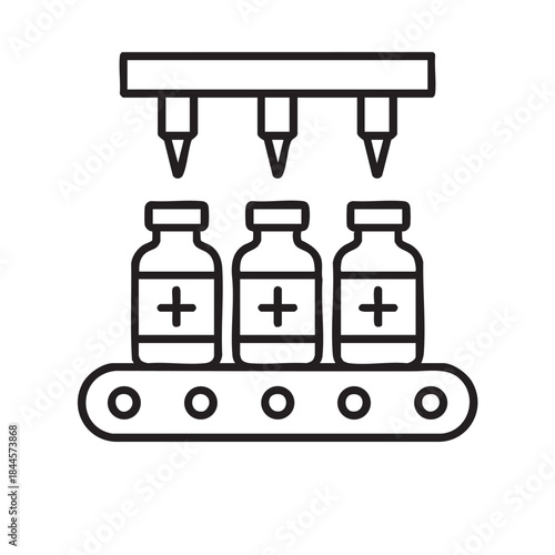 Automated pharmaceutical filling line with three bottles moving on a conveyor belt depicted in a simple outline style